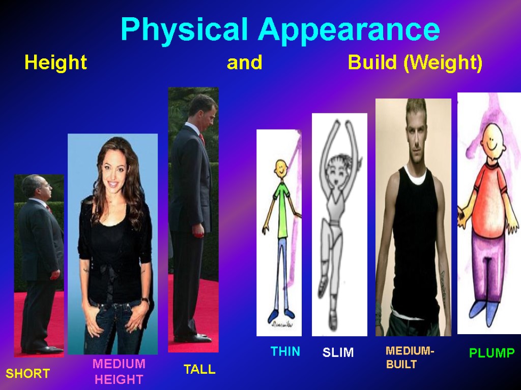 Physical Appearance Height and Build (Weight) SHORT MEDIUM HEIGHT TALL THIN PLUMP SLIM MEDIUM-